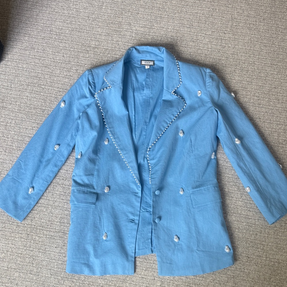 EDDY Light Blue Embellished Linen Blazer